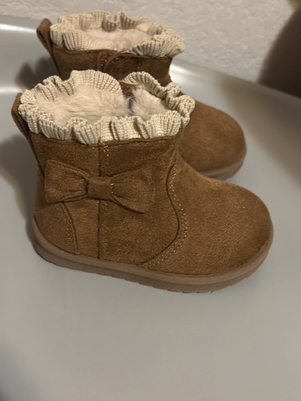 Toddler Cozy Bow Suede-Look Winter Boots in Brown
